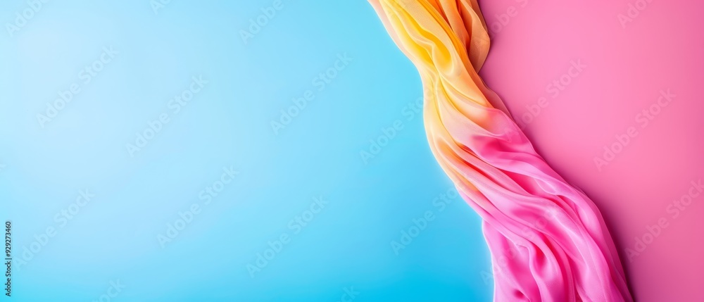 A tri-colored backdrop featuring pink, yellow, and blue hues; a prolonged fluid flow runs centrally A tri-colored backdrop featuring pink, yellow, and blue hues; a prolonged fluid flow runs centrally