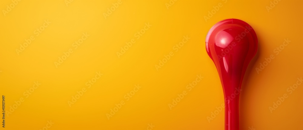 A red object with a drop of liquid dripping from its peak against a yellow background A red object with a drop of liquid dripping from its peak against a yellow background