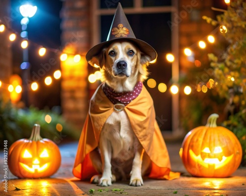 Spooky Dog Halloween Costume Concept Raster Image. photo