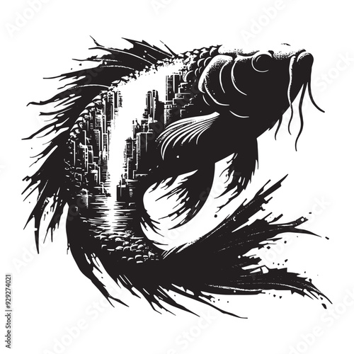 silhouette of koi filled with destroyed futuristic dystopia environment in rough drawing