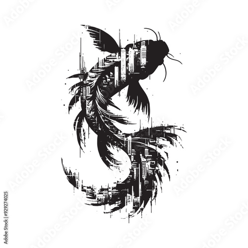 silhouette of koi filled with destroyed futuristic dystopia environment in rough drawing
