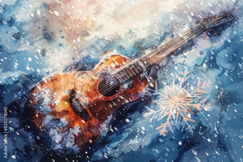 Festive Christmas Guitar and Snowflakes: Winter Melodies in Watercolor