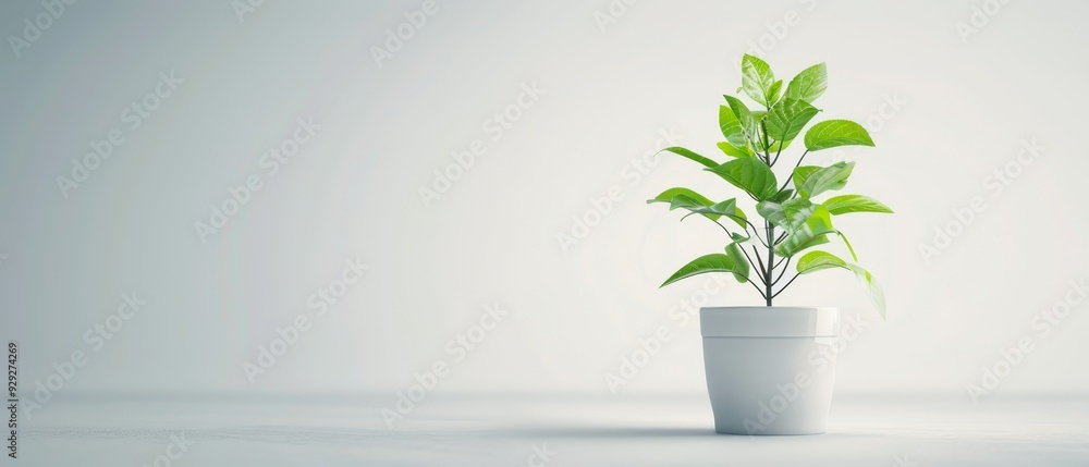 A potted plant atop a white table, adjacent to a white vase holding a green plant A potted plant atop a white table, adjacent to a white vase holding a green plant