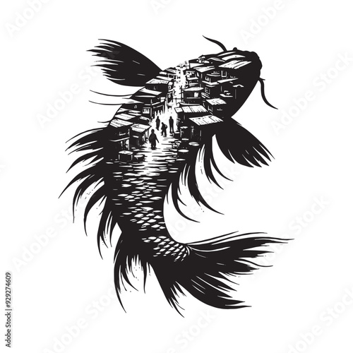silhouette of koi filled with ghetto street in rough drawing