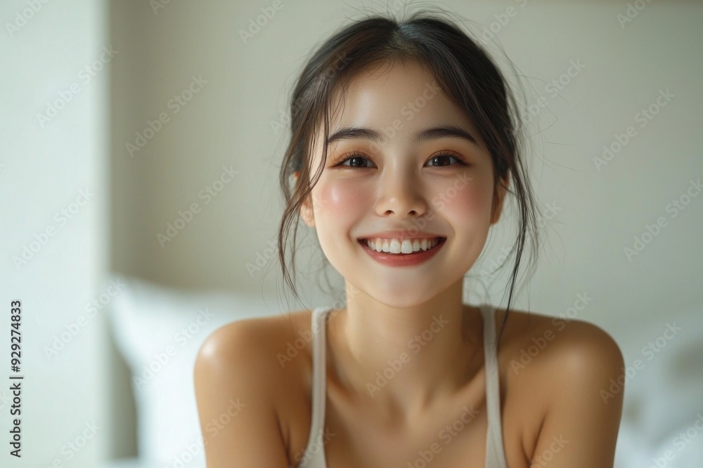 Beautiful young Asian woman smiling and happy created with Generative AI Beautiful young Asian woman smiling and happy created with Generative AI