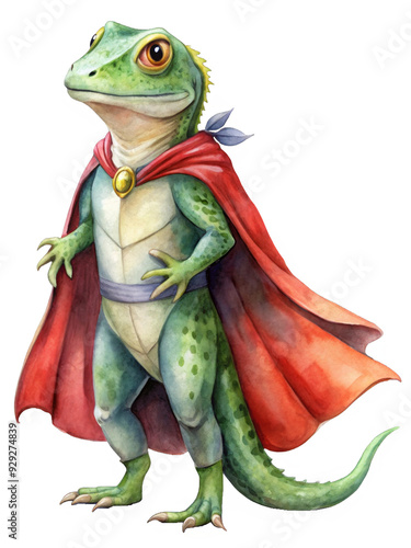 Brave Green Lizard in a Red Cape - A green lizard with a red cape and a confident expression stands ready to face any challenge. This image symbolizes bravery, courage, and the power of overcoming obs photo