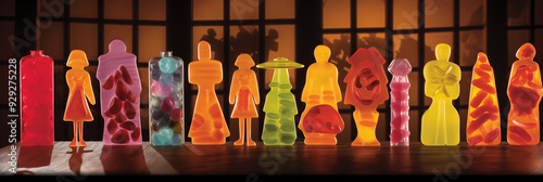 Colorful Halloween candy assortment, vibrant wrappers and shapes, on a dark wooden table, festive mood, in various colors
