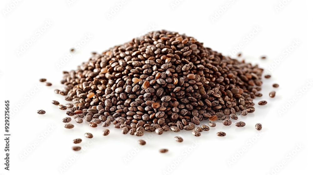 Chia seeds heap detail on white background Chia seeds heap detail on white background