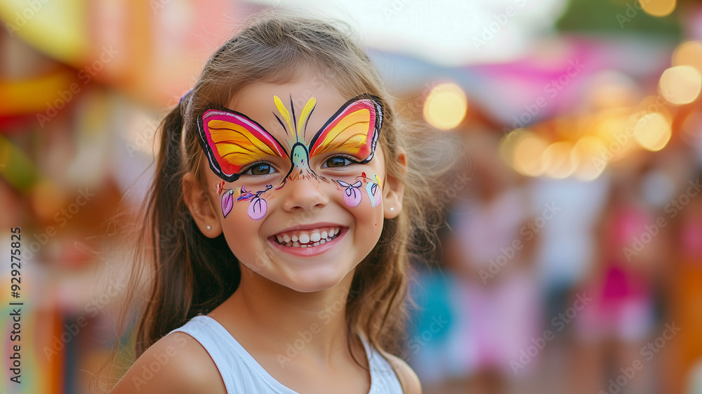 A cheerful young girl with a butterfly face paint, enjoying the activities and attractions at a lively outdoor festival, with colorful tents and excited crowds in the background. Ai generated A cheerful young girl with a butterfly face paint, enjoying the activities and attractions at a lively outdoor festival, with colorful tents and excited crowds in the background. Ai generated