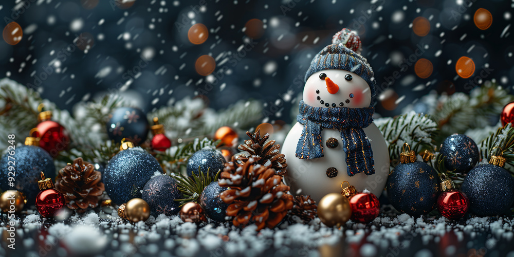 Obraz premium Snowman and pine cone on snow during christmas time. Christmas holiday background with copy space for text. festive decoration. Merry Christmas and Happy New Year
