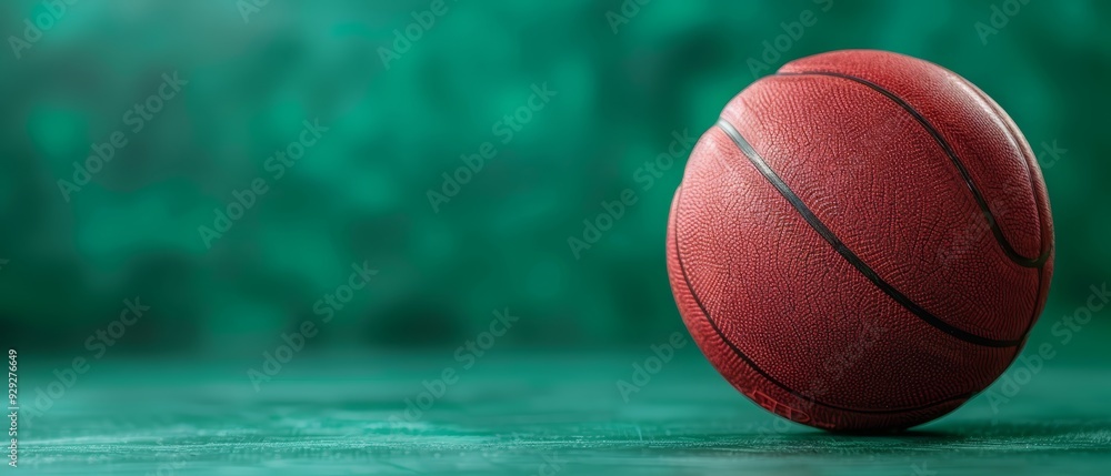 A red basketball, focused closely, sits atop a verdant surface A thin, dark line borders its side A red basketball, focused closely, sits atop a verdant surface A thin, dark line borders its side