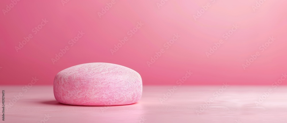 A pink bath bomb atop a pink table, surrounded by two pink walls A pink bath bomb atop a pink table, surrounded by two pink walls