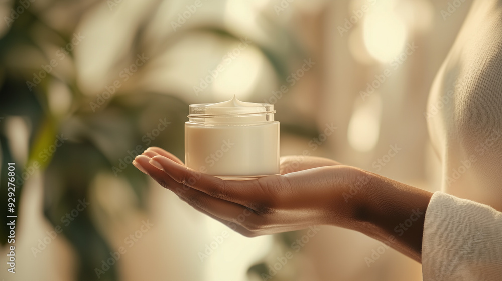 A jar of body lotion held by an unrecognizable African American woman’s hand, with a focus on the detailed packaging and the creamy lotion inside. Ai generated A jar of body lotion held by an unrecognizable African American woman’s hand, with a focus on the detailed packaging and the creamy lotion inside. Ai generated