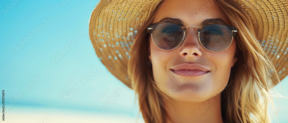 A woman in a straw hat and sunglasses, her face filling the frame Behind her, a clear blue sky stretches endlessly A woman in a straw hat and sunglasses, her face filling the frame Behind her, a clear blue sky stretches endlessly