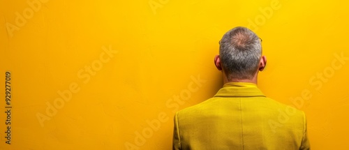  A man faces away from the camera, his body pressed against a sunlit yellow wall He cradles his head in his hands