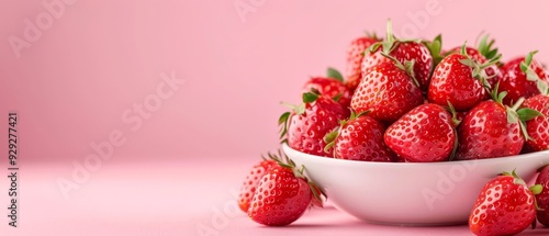  A white bowl brimming with red, ripe strawberries atop a pink tablecloth-draped table Nearby, a pink wall