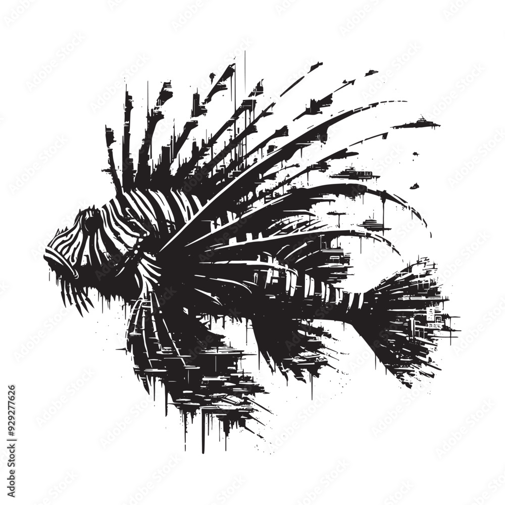 silhouette of Lionfish filled with destroyed futuristic dystopia environment in rough drawing silhouette of Lionfish filled with destroyed futuristic dystopia environment in rough drawing