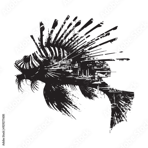 silhouette of Lionfish filled with destroyed futuristic dystopia environment in rough drawing