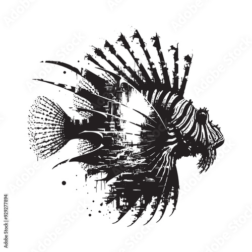 silhouette of Lionfish filled with destroyed futuristic dystopia environment in rough drawing