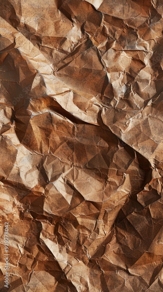 A close-up view of intricately folded and crumpled brown paper, showcasing rich textures and natural shadows across its surface