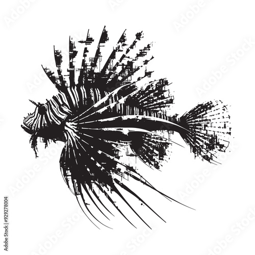 silhouette of Lionfish filled with destroyed futuristic dystopia environment in rough drawing