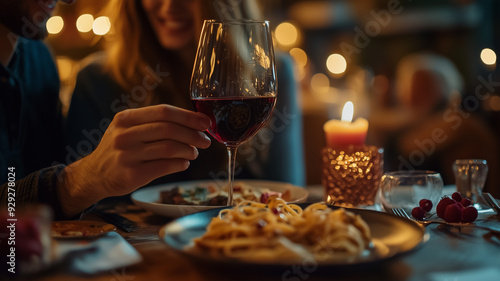 A romantic and joyful couple dining in a sophisticated restaurant on Valentine’s Day, eating pasta and enjoying red wine. Soft lighting and a heartfelt celebration. Ai generated