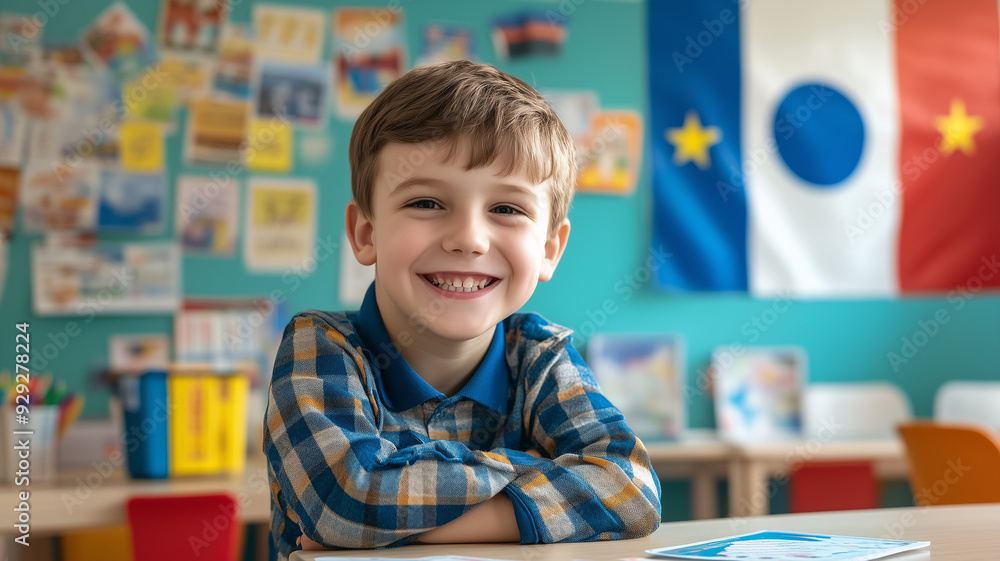 A smiling boy sits at a table in a lively classroom, full of educational resources and a prominent national flag on the wal. Ai generated A smiling boy sits at a table in a lively classroom, full of educational resources and a prominent national flag on the wal. Ai generated
