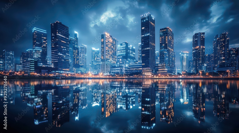 Stunning nighttime cityscape with illuminated skyscrapers against a dark sky, reflecting in nearby water, capturing the vibrant energy and beauty of the urban environment. Stunning nighttime cityscape with illuminated skyscrapers against a dark sky, reflecting in nearby water, capturing the vibrant energy and beauty of the urban environment.