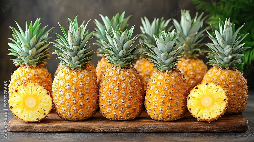 A wooden board holds a group of freshly cut pineapples with their juicy centers visible A wooden board holds a group of freshly cut pineapples with their juicy centers visible