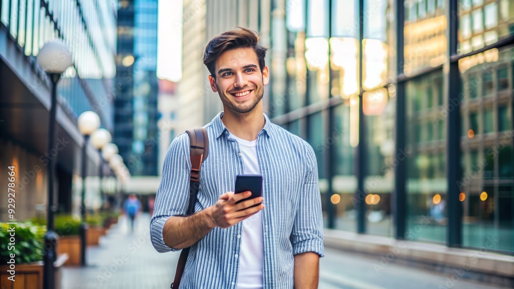 Young adult standing in a modern urban environment, holding a smartphone with a bright screen, with a subtle smile and relaxed full-body posture. Young adult standing in a modern urban environment, holding a smartphone with a bright screen, with a subtle smile and relaxed full-body posture.
