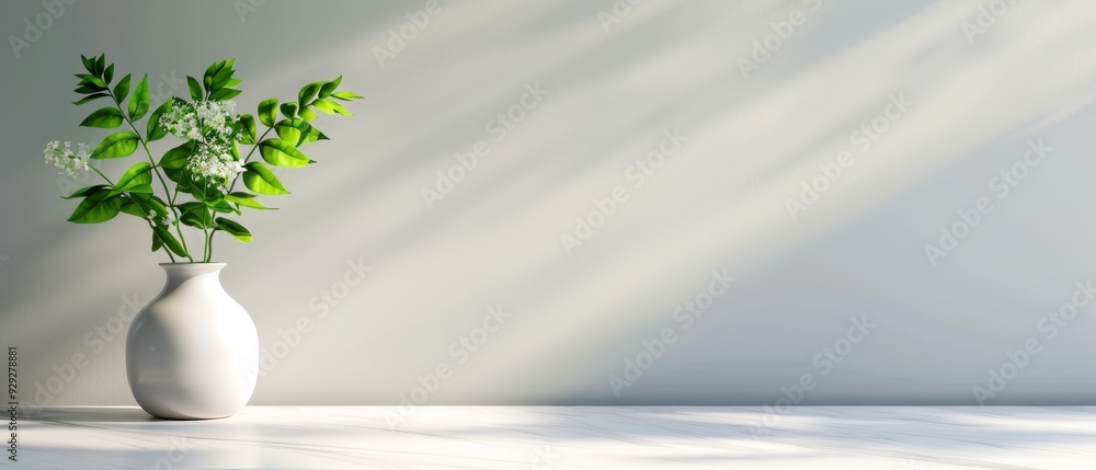 A white vase with a green plant inside, placed on a white table Shadow cast on wall behind A white vase with a green plant inside, placed on a white table Shadow cast on wall behind