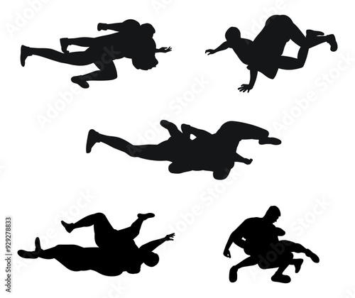 Group of wrestlers in combat attack, Greco Roman wrestling, silhouette set photo