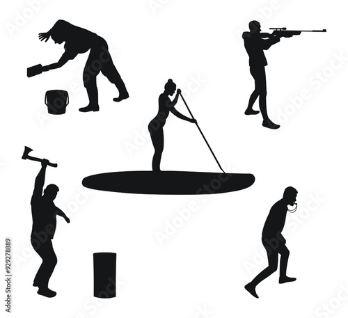 Lumberjack, washer, surfer, sports coach, hunter, soldier, silhouettes of people,
