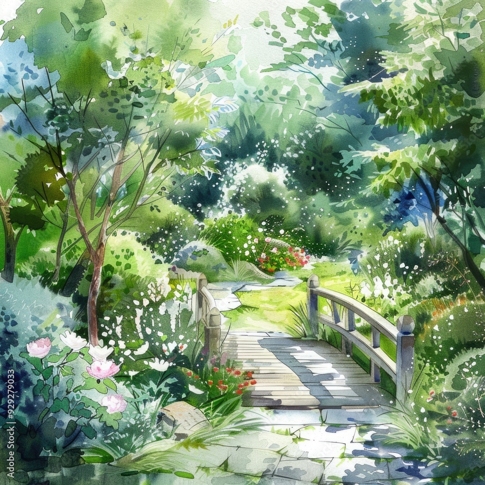 Naklejka premium Hand-drawn Watercolor Garden Landscape with Small Bridge and Bungalow, Architectural Design Element