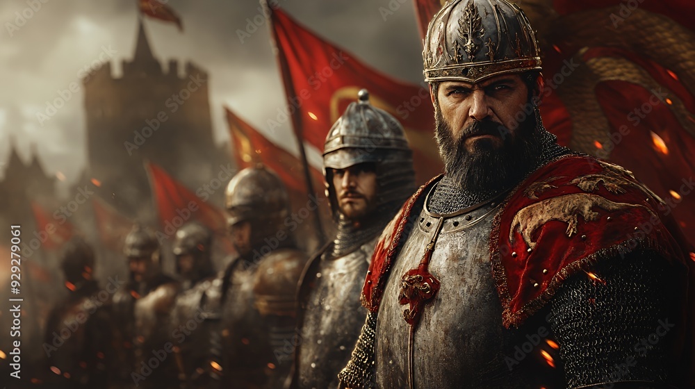 A group of armored soldiers stand in formation, ready for battle with flags waving in the background. A group of armored soldiers stand in formation, ready for battle with flags waving in the background.