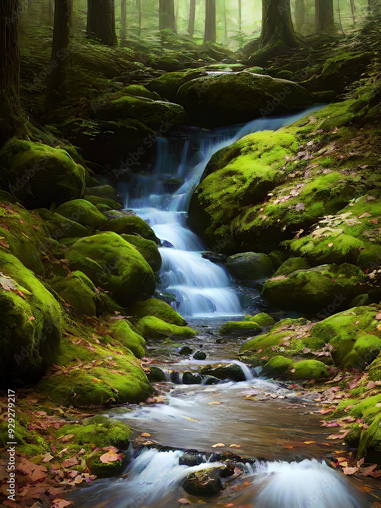Autumn's Whispering Woods. Mystic Forest at Dusk. River with a rocky bed in a forest Autumn's Whispering Woods. Mystic Forest at Dusk. River with a rocky bed in a forest