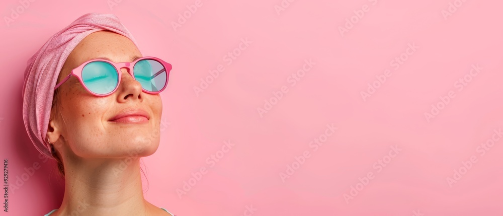A woman in pink sunglasses and a pink towel on her head stands before a pink backdrop A woman in pink sunglasses and a pink towel on her head stands before a pink backdrop