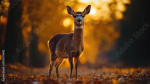  A deer stands amidst a forest, bathed in sunlight filtering through the tree canopy and casting dappled shadows on the leaf-strewn ground