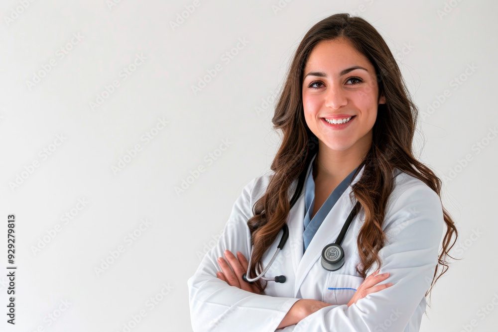 Young female doctor smiles confidently in a professional white coat in a bright clinical setting Young female doctor smiles confidently in a professional white coat in a bright clinical setting