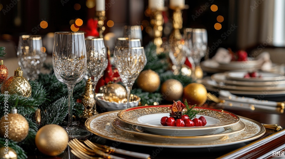 Elegant Christmas Dining Table with Crystal Glasses and Festive Decorations Elegant Christmas Dining Table with Crystal Glasses and Festive Decorations