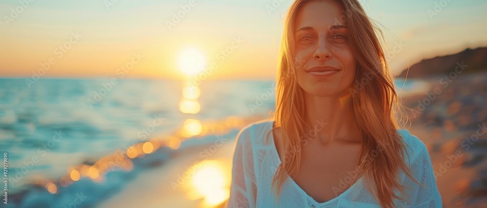 A woman faces the sunset over the foreground ocean, sun sinking in the background A woman faces the sunset over the foreground ocean, sun sinking in the background
