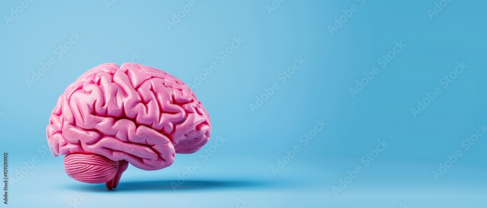 A pink human brain model on a blue background with space for text above and below A pink human brain model on a blue background with space for text above and below
