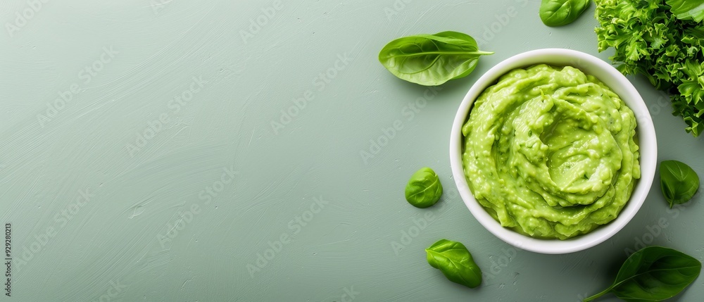 Obraz premium A white bowl holds green guacamole, adjacent to a green leafy plant, atop a verdant surface