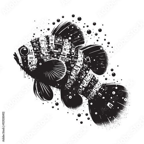 silhouette of Mandarinfish filled with ghetto street in rough drawing