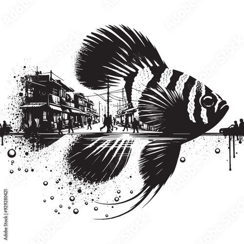 silhouette of Mandarinfish filled with ghetto street in rough drawing