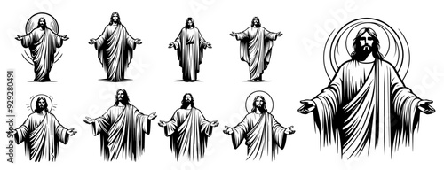 jesus christ standing with arms open in minimalist style, black and white vector collection
