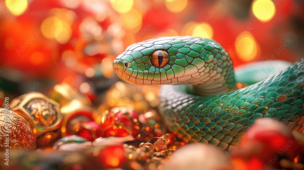 Close-Up of Vibrant Green Snake with Bokeh Background and Red Ornaments Close-Up of Vibrant Green Snake with Bokeh Background and Red Ornaments