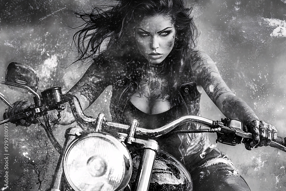 Obraz premium Powerful black and white image of a tattooed woman riding a motorcycle, capturing a gritty, rebellious aesthetic with strong, edgy visual elements, ideal for themes of empowerment and urban style.