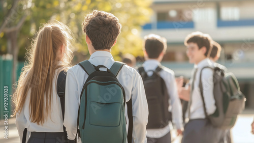 Students in school uniforms walking together and engaging in conversation, shot from behind with ample space for copy. Ai generated