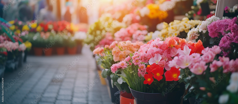 An outdoor flower market features an array of colorful flower selections and quaint brick path An outdoor flower market features an array of colorful flower selections and quaint brick path